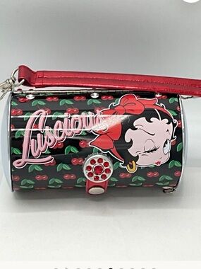 Betty Boop collectors Black Cherry Print Tin  Wristlet Purse with Red Accents